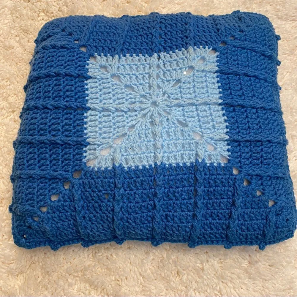 Vintage retro crochet throw pillow accent home decor blue geometric square